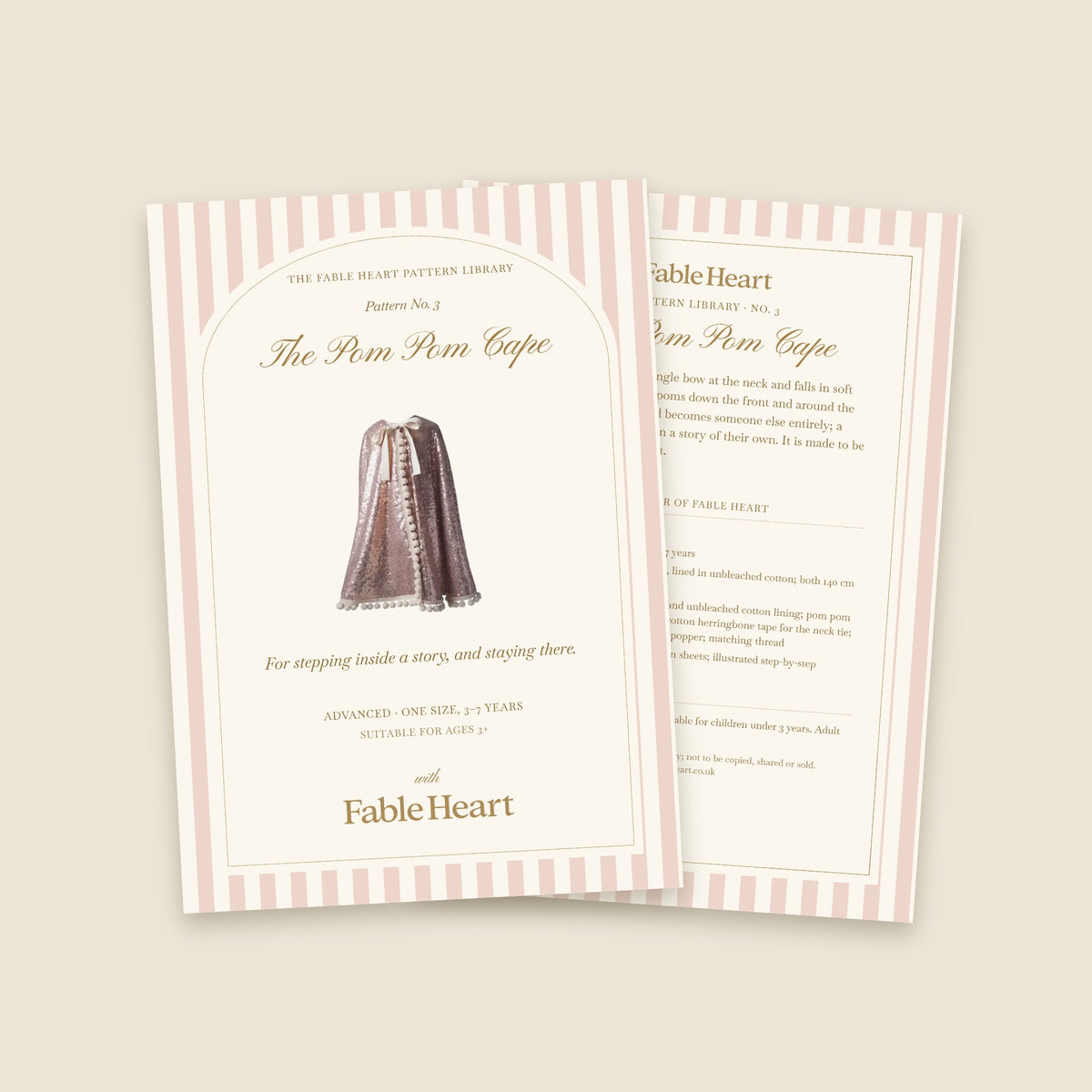 The Pom Pom Cape sewing pattern by Fable Heart, front and back of the pattern pack