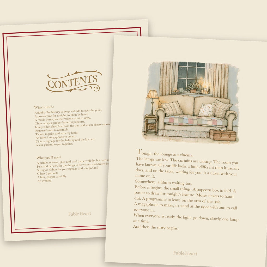 Inside the Movie Night pack: the opening page with the sofa and the contents page