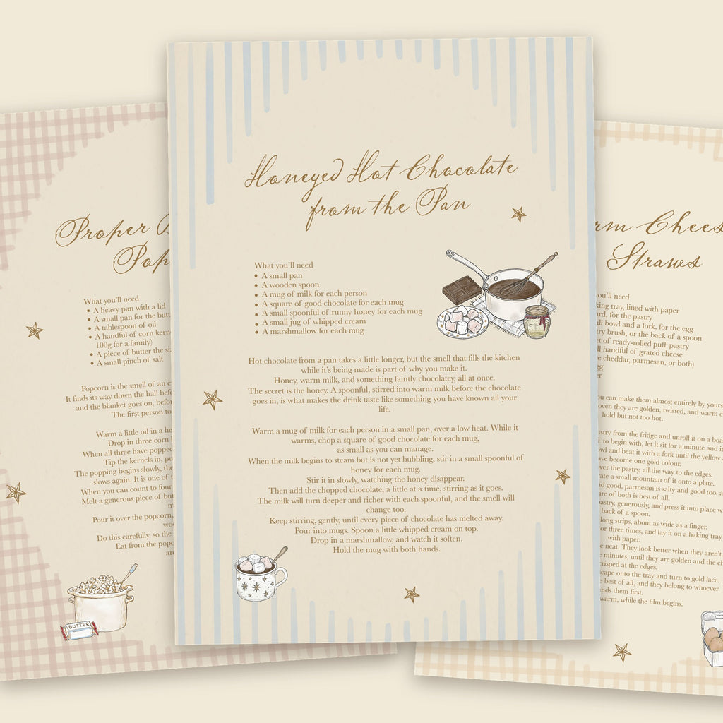 The three recipe pages: popcorn, honeyed hot chocolate and cheese straws