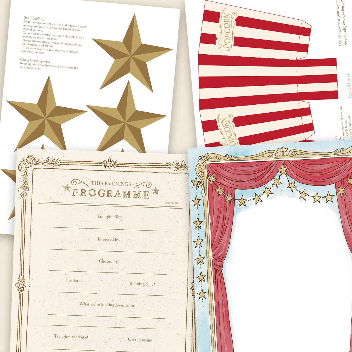 The makes: star garland, popcorn box, programme and poster frame