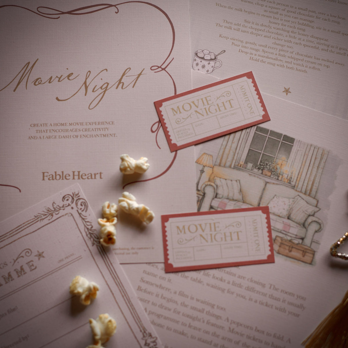The Movie Night printable pages, tickets and programme with popcorn